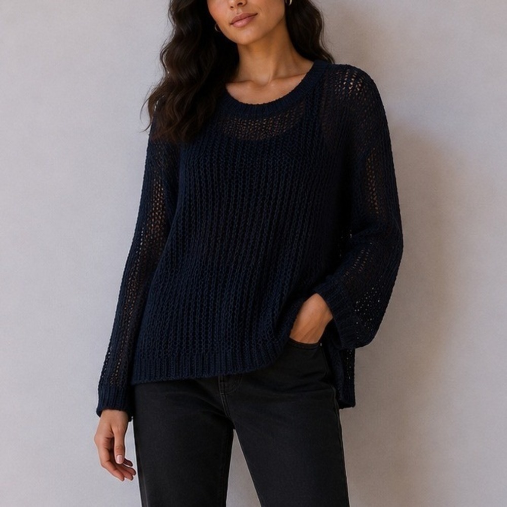 J.Crew Womens Navy Blue 100% Linen Open Knit Crew Neck Sweater | Size XL